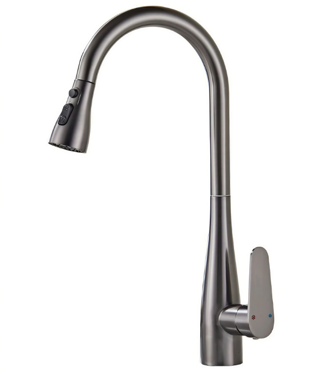 Gunmetal grijze hoogboog zwanenhals warme en koude uittrekbare keukenkraan Gunmetal grijze hoogboog zwanenhals warme en koude uittrekbare keukenkraan