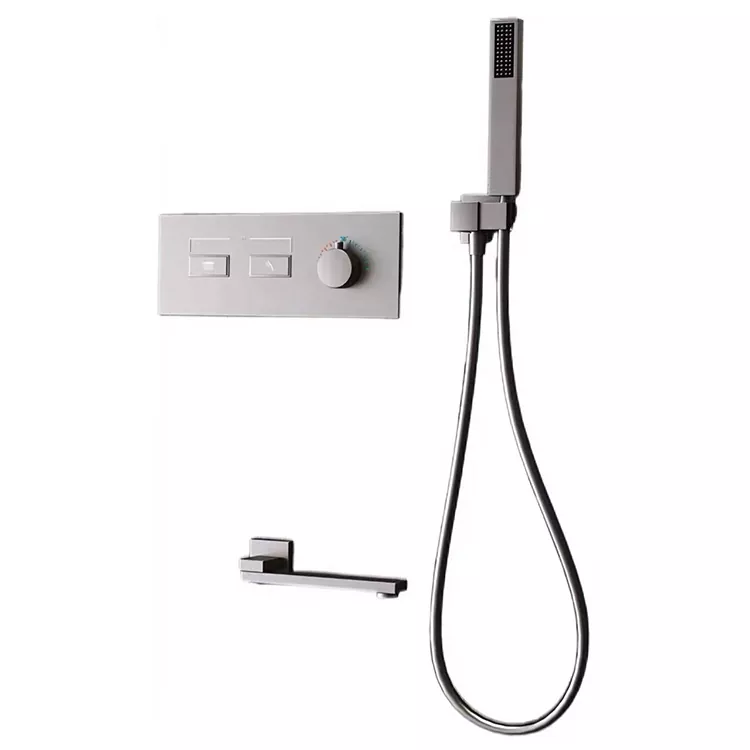 Minimalistische donkere gunmetal douchekop met dubbele uitlaat